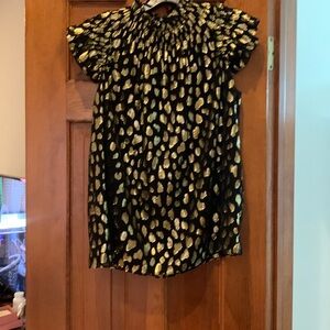 Rebecca Taylor metallic dot ruffle cap sleeve back zip gold/black blouse M